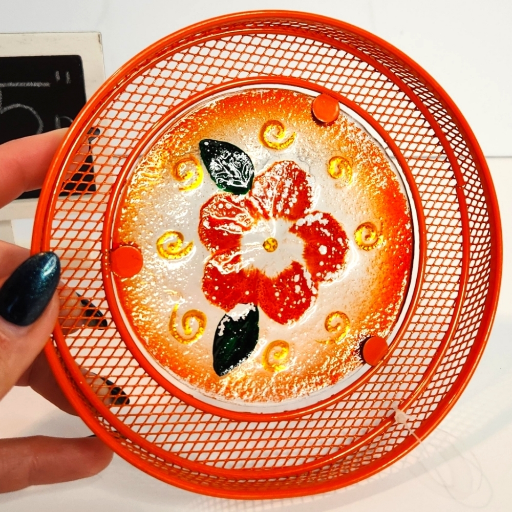 Vintage 90s metal and glass orange flowered reverse painted‎ suncatcher